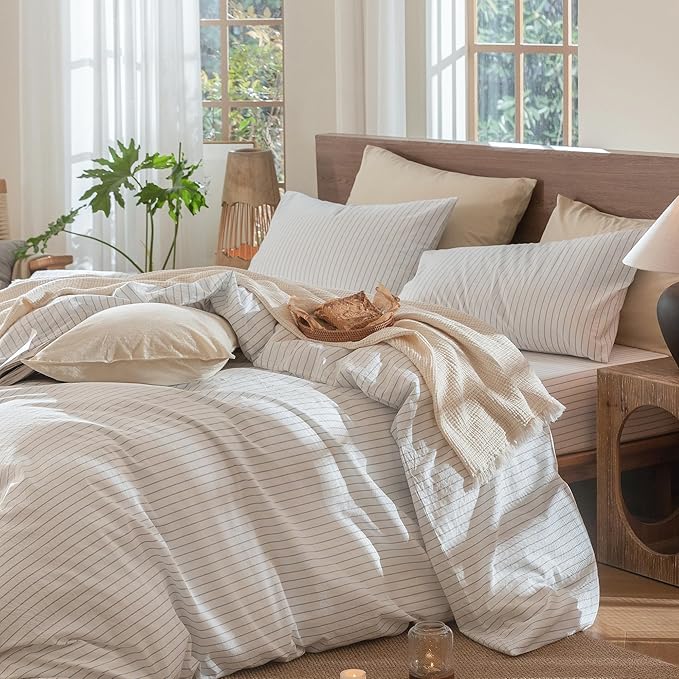 MooMee Striped Duvet Cover Set 100% Washed Cotton Linen Like Textured Breathable Durable Soft Comfy (White Cornflower Blue Wide Stripes, Palatial King/Oversized King 120"x98")
