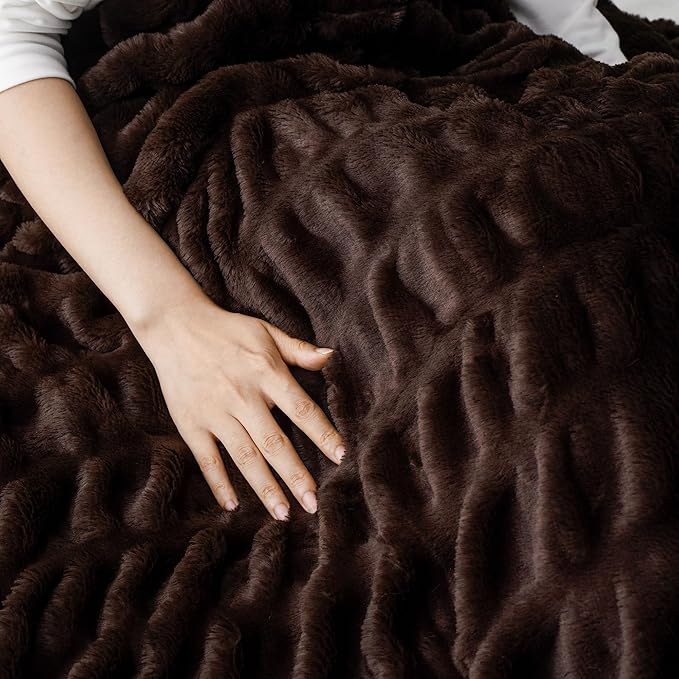 BATTILO HOME Dark Brown Faux Fur Throw Blanket for Bed, Double Side Reversible Ruched Faux Rabbit Fur Throw for Couch, Bed, Super Soft Blanket Cozy Warm Mink Blanket, 60"x80"