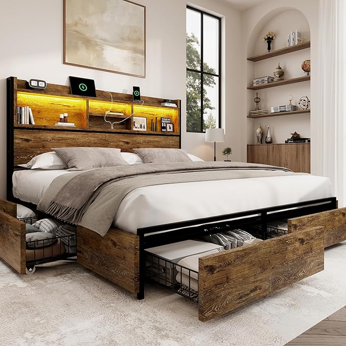 Queen Storage Bed Frame with 6 Drawers, USB Charging Station, No Noise, No Box Spring Required, Vintage Brown Headboard Platform Bed