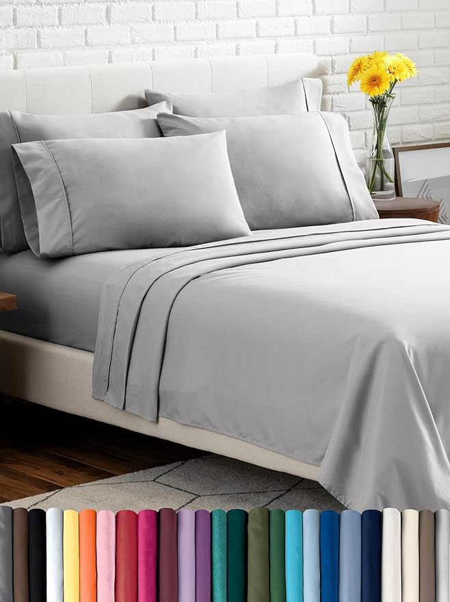 Bare Home Hotel Luxury Full XL Sheet Set, Extra Soft - 6 Piece Set - Deep Pockets - Easy Fit - Cooling & Breathable - Wrinkle, Fade, Stain Resistant - Includes 4 Pillowcases (Full XL, Light Grey)