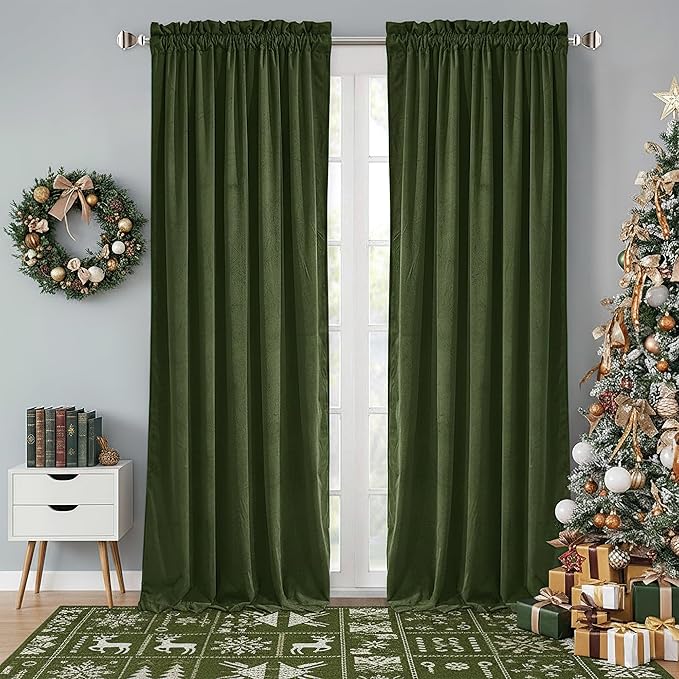 StangH Moss Green Velvet Curtains - Luxury Green Bedroom Curtains Rod Pocket Blackout Room Darkening Window Drapes for Dining Room/Hall, W52 x L108, 2 Panels