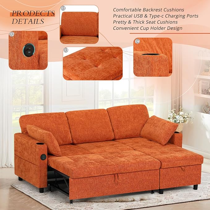 84" Chenille Pull Out Sofa Bed w/Adjustable Backrest, L-Shape Modern Sleeper Sofa w/Reversible Chaise, Upholstered Sectional Couch w/USB Port and Side Pockets for Living Room, House, Orange