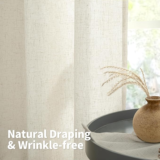 YoungsTex Short Linen Curtains 45 Inch Length, Light Filtering Drapes with Grommet Semi Sheer Privacy for Kitchen Bedroom Bathroom Window, 2 Panels, 52 X 45 Inch