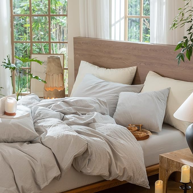 MooMee Wavy Striped Duvet Cover Set 100% Washed Cotton Linen Like Textured Breathable Durable Soft Comfy (Light Grey, Queen 90"x90")