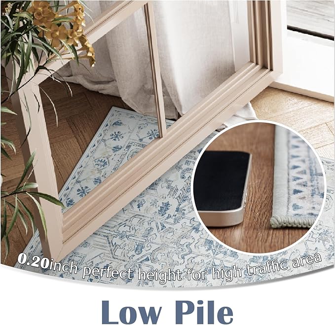jinchan Lima 6x9 Area Rug for Living Room Washable Soft Throw Rug Ultra-Thin Stain Resistant Non-Slip Distressed Vintage Floral Large Carpet for Bedroom Dining Room Home Office Nursery (6x9ft, Blue)