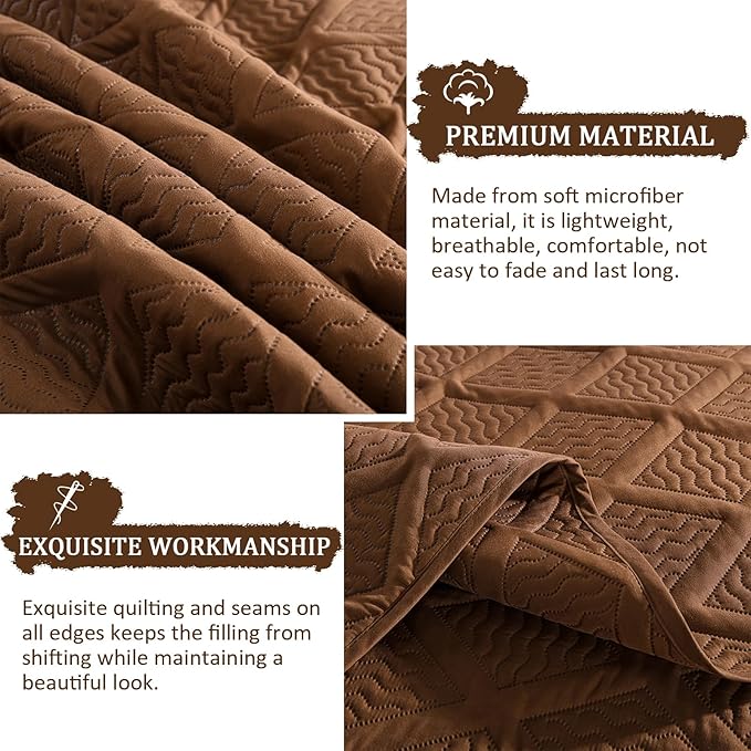 Yiran Brown Quilt Set Queen Size, 3 Piece Reversible Bedspreads Bedding Set, Winter Diamond Pattern Coverlet for All Season with 2 Pillow Shams (Full/Queen, 96x90 Inch)