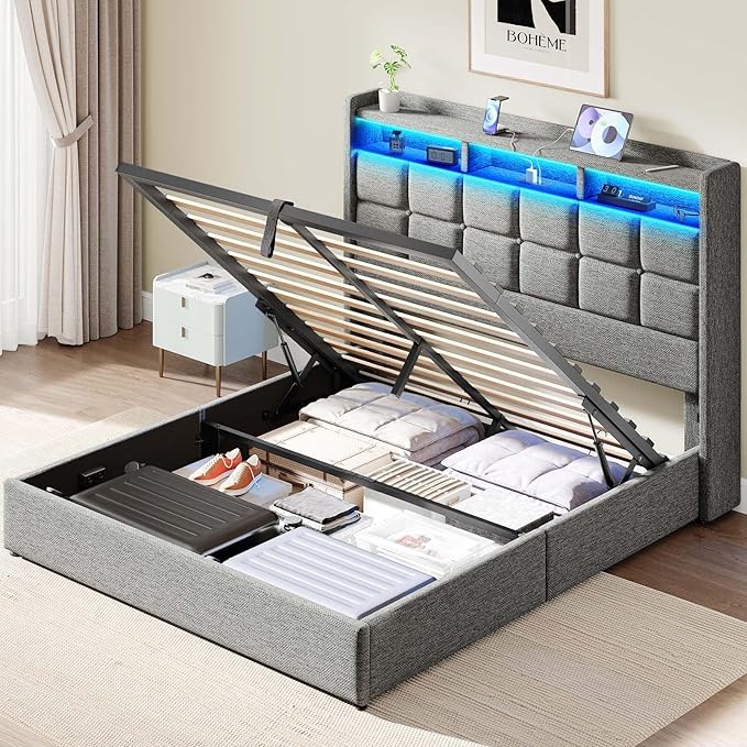 Lift Up Full Size Bed Frame with Storage, Upholstered Full Bed Frame with LED Lights Headboard and Charging Station, No Box Spring Needed, Easy Assembly - Light Grey