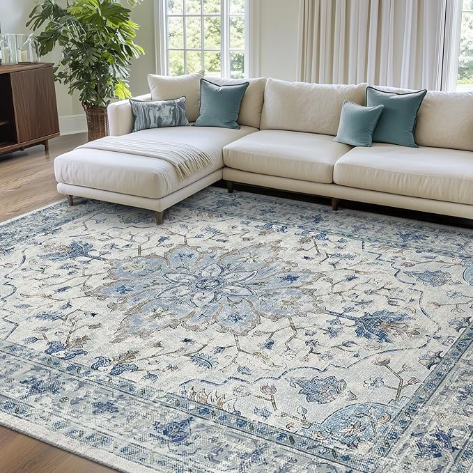 Area Rugs 7'x10' Washable Non-Slip, Floral Vintage Distress Print Pattern Medallion Carpet for Living Room Bedroom Dining Room, Light Blue Navy Beige Gray White