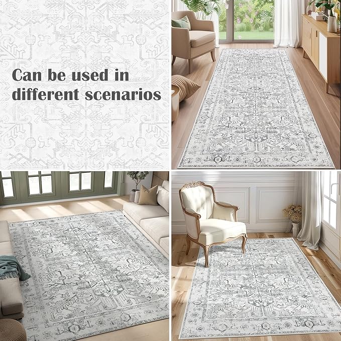 jinchan 9x12 Machine Washable Area Rugs for Living Room - Vintage Floral Stain Resistant Low Pile Ultra-Thin Non Slip Accent Rug for Bedroom Kitchen Dining Room Home Office (9x12ft,Grey)
