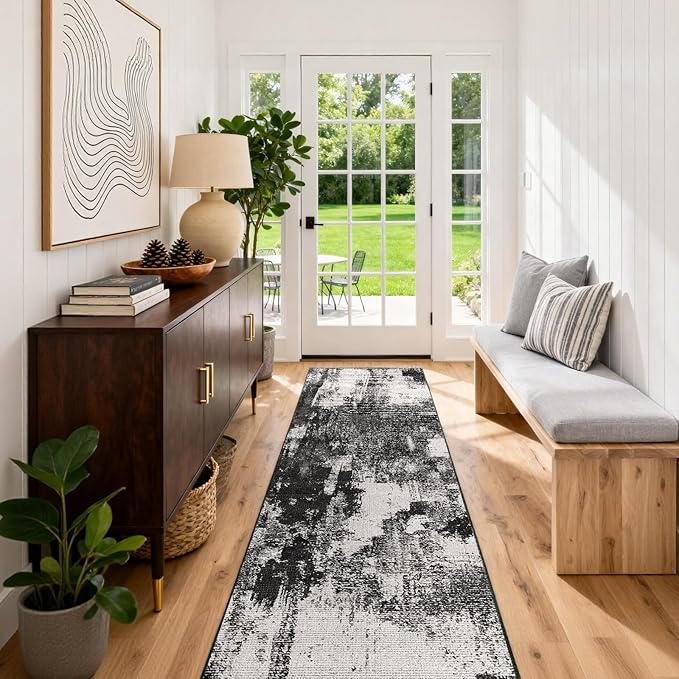 3x12 Long Hallway Runner Rug: Kitchen Rugs Non Slip Washable Low Pile Abstract Rug Runner with Rubber Backing Indoor Stain Resistant Carpet Runners for Bedroom Dining Living Room Black White