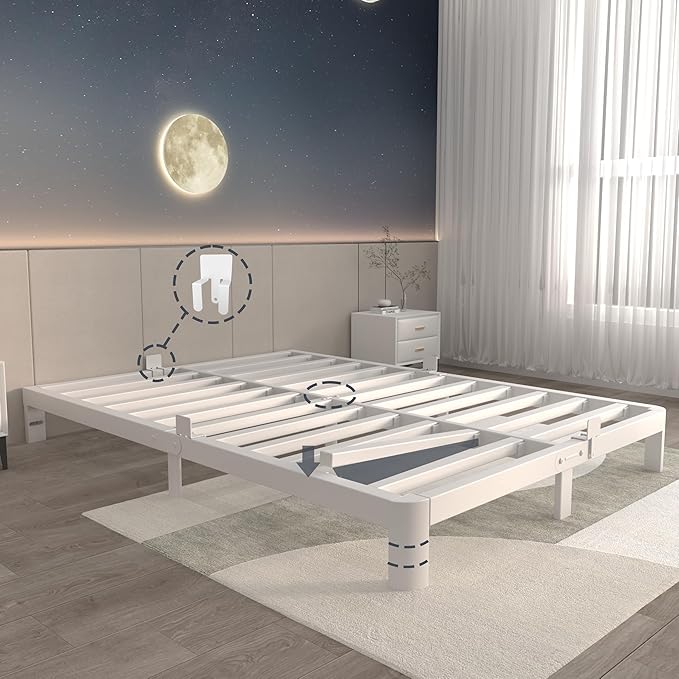 ITIMIDI 6 Inch White Queen Bed Frame with Metal Gaskets,Metal White Queen Platform Bed Frames, No Box Spring Needed, Heavy Duty Steel Support 3000 LBS, Anti-Slip Mattress Stopper, Easy Assembly