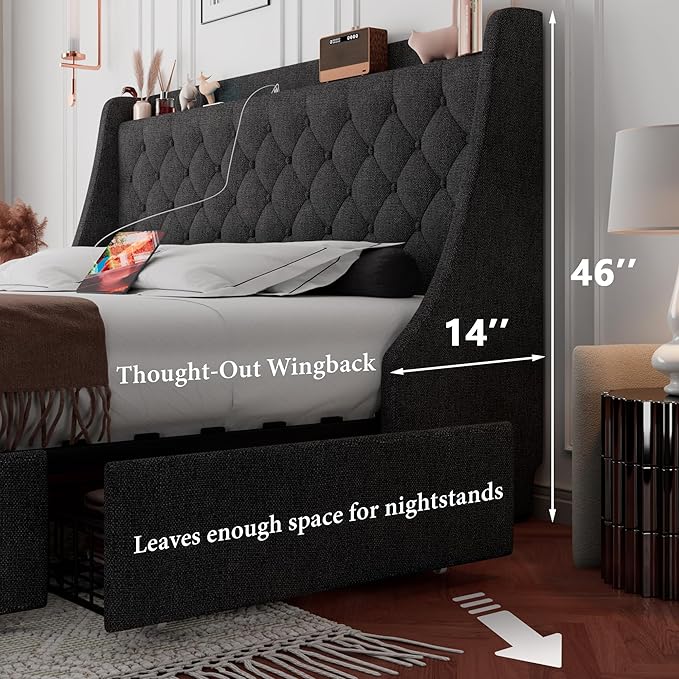 iPormis King Size Bed Frame with 4 Storage Drawers, Upholstered Platform Bed Frame with Type-C & USB Ports, Wingback Storage Headboard, Solid Wood Slats, No Box Spring Needed, Dark Gray