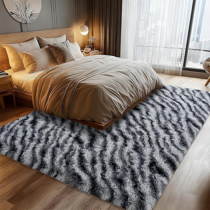 8x10 Large Area Rugs for Living Room, Soft Black White Zebra Big Shag Rug for Bedroom Nursery Kids Room Dorm, Non-Slip Modern Fluffy Plush Carpet for Home Decor