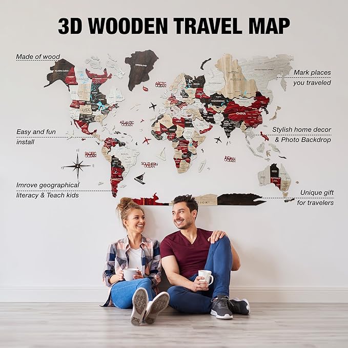 Handmade 3D Wood World Map Wall Art Large Wall Decor Track Your World Travels - Special for Home, Kitchen and Office (Urban, X-Large)