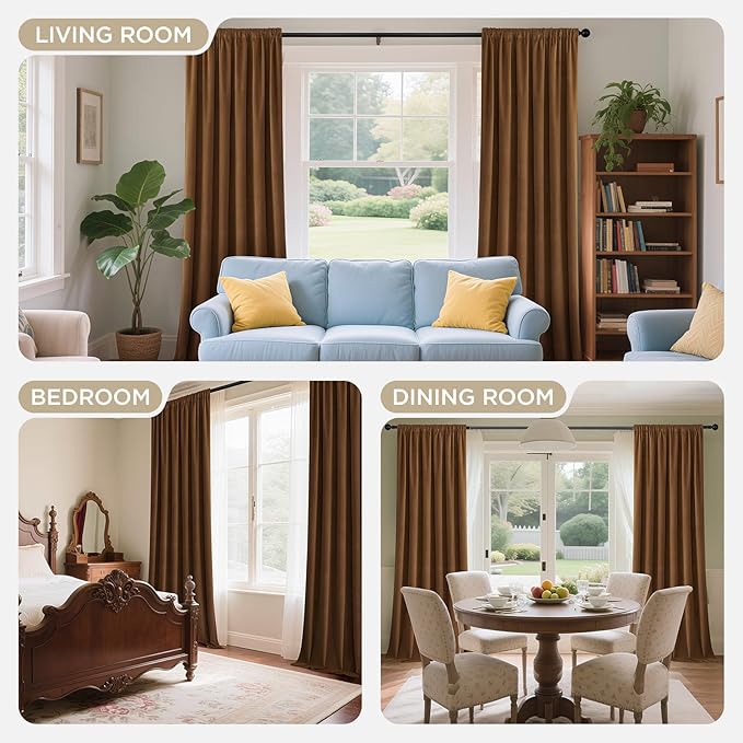 Joydeco Golden Brown 100% Blackout Curtains 120 Inch 2 Panels, Luxury Thermal Brown Velvet Curtains for Bedroom Living Room, Soundproof Blackout Window Drapes, Rod Pocket & Back Tab (52W x 120L)