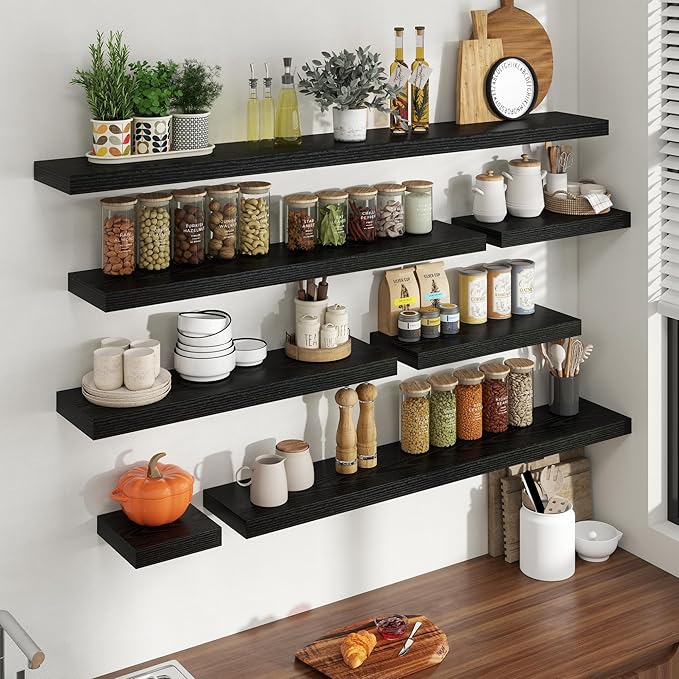 36 Inch Floating Shelves for Wall, 8 Inch Deep Floating Shelf for Storage & Display, Rustic Wall Mounted Shelf with Invisible Brackets for Living Room, Kitchen, Bathroom, Home Decor, Set of 2, Black