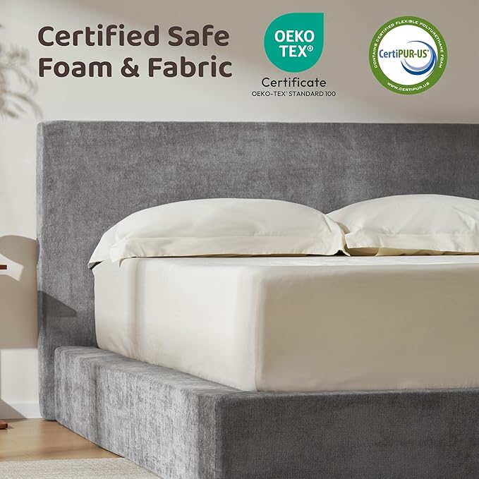 RECCI Cloud Upholstered Queen Bed Frame with Headboard, 5 Inch Foam Padded Platform, No Box Spring, Easy Assembly (Moon Grey)
