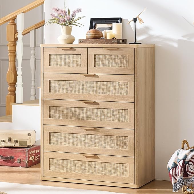 LEYAOYAO Rattan Dresser for Bedroom Set of 2, 41" Tall Chest of Drawers, Modern 6 Drawers Boho Dressers with Storage, Light Oak Dresser Wooden Closet Organizer for Living Room, Hallway, Natural Wood