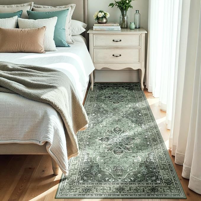 Area Rugs 3'x7' Washable Non-Slip, Floral Vintage Distress Print Pattern Medallion Carpet for Living Room Bedroom Dining Room, Dark Green Gray