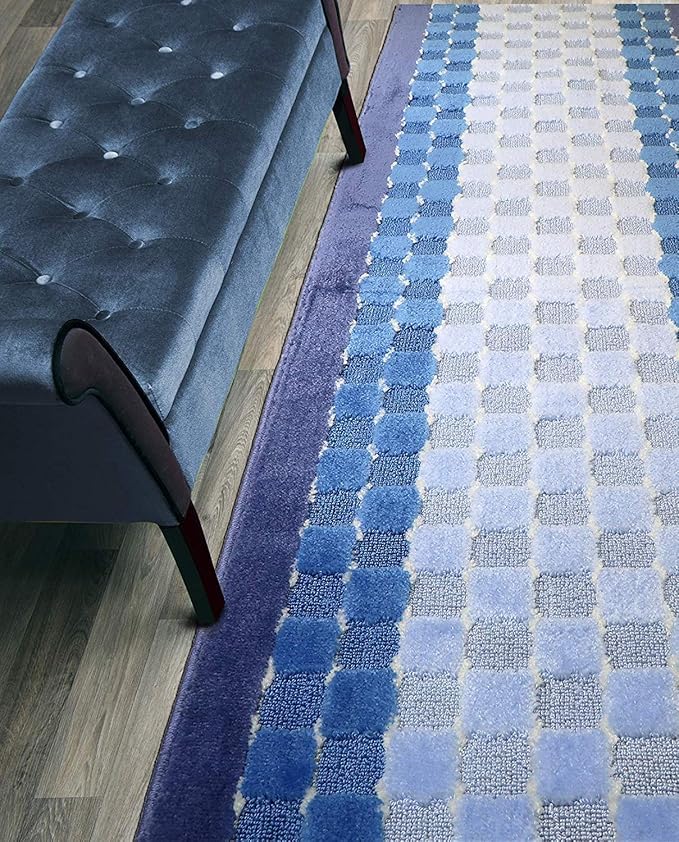 Custom Length Hallway Runner Rug,Slip Resistant,Checkered Blue, 26 Inch X 24 feet, Sold and Priced Per Foot