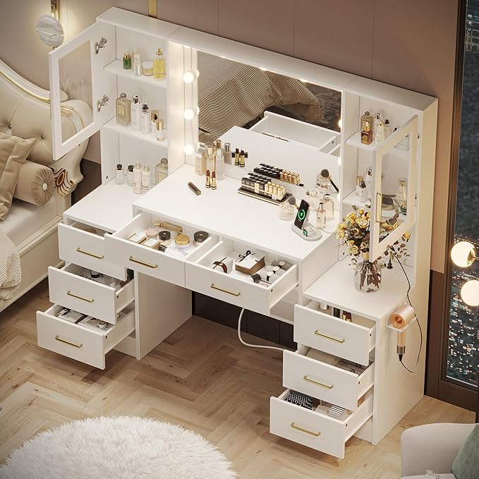 White Vanity Desk with Mirror, Lights & Charging Station, 58" 3 Lighting Modes Makeup Desk with 8 Drawers, 2 Cabinets and Lots Storage, Dressing Table Vanity Set with Lighted Mirror