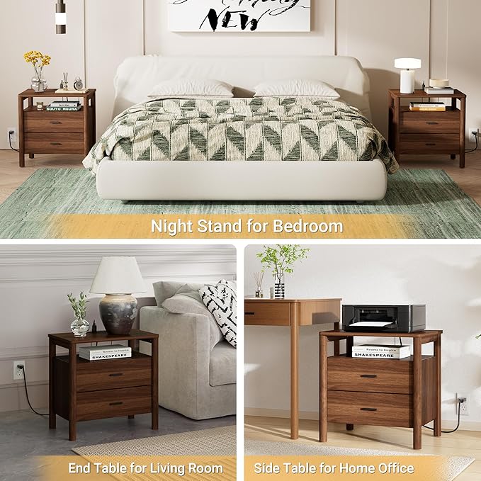 FavourLife Night Stand Set 2, 23" Wide Nightstands Set of 2, Walnut Nightstand with Charging Station, 2 Drawer Wooden End Table with Solid Round Post Legs & Open Shelf,Modern Bedside Table for Bedroom