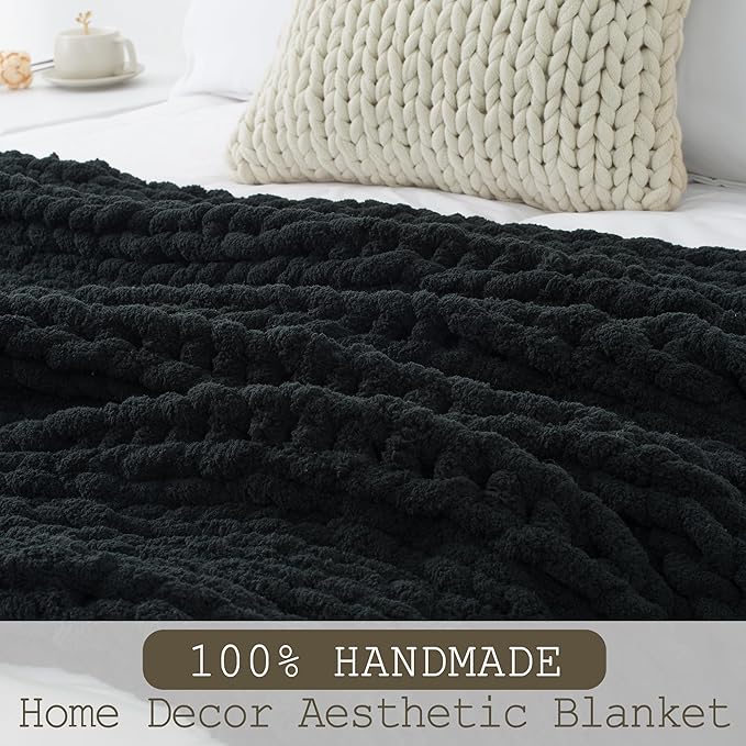 Chunky Knit Throw Blanket 50"X 60", 100% Handmade with Soft Chenille Yarn, 4.4lbs Thick Cable Knitted Blankets, Large Rope Knot Crochet Throws for Couch Sofa Bed Home Decor, Black
