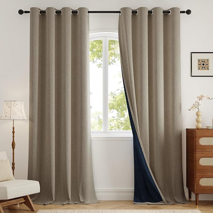 100% Blackout Curtains 102 inch Length 2 Panels for Living Room, Linen-Look Textured Room Darkening Thermal Insulated Noise Reduction Farmhouse Drapes for Bedroom (W52xL102, Taupe)