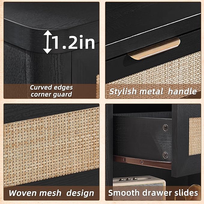 LEYAOYAO Rattan Nightstand with Charging Station, Black Night Stand with Drawer, 23" Wide Boho Bedside Table with Storage Shelf, Bed Side End Tables for Bedroom, Living Room, Hallway