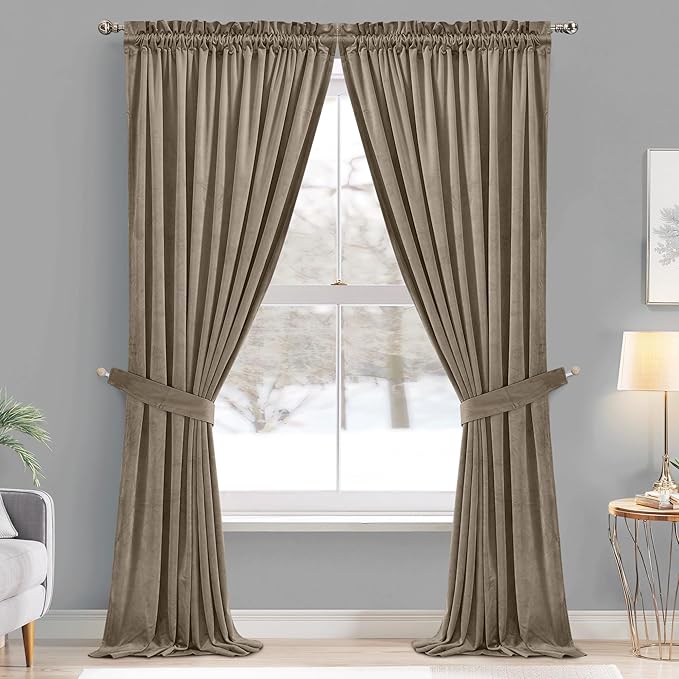 StangH Camel Beige Velvet Curtains Neutral Privacy Thermal Insulated Window Drapes for Office, Soft Sliding Door Curtains for Living Room, W52 x L94, 2 Panels