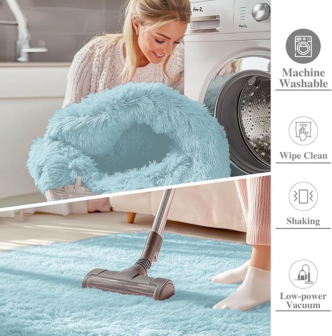 OLANLY 2x8 Machine Washable Runner Rugs for Hallway, Soft Fluffy Shaggy Bedside Rugs for Bedroom, Living Room, Indoor Floor Carpet for Kids Girls and Boys, Home Decor Aesthetic, Light Blue