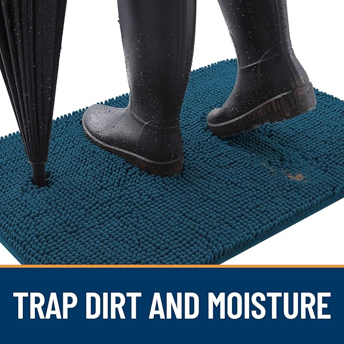 OLANLY Dog Door Mat for Muddy Paws 36x24, Absorbs Moisture and Dirt, Absorbent Non-Slip Washable Doormat, Quick Dry Chenille Mud Mat, Entry Indoor Entryway Carpet for Inside Floor, Atlantic Blue