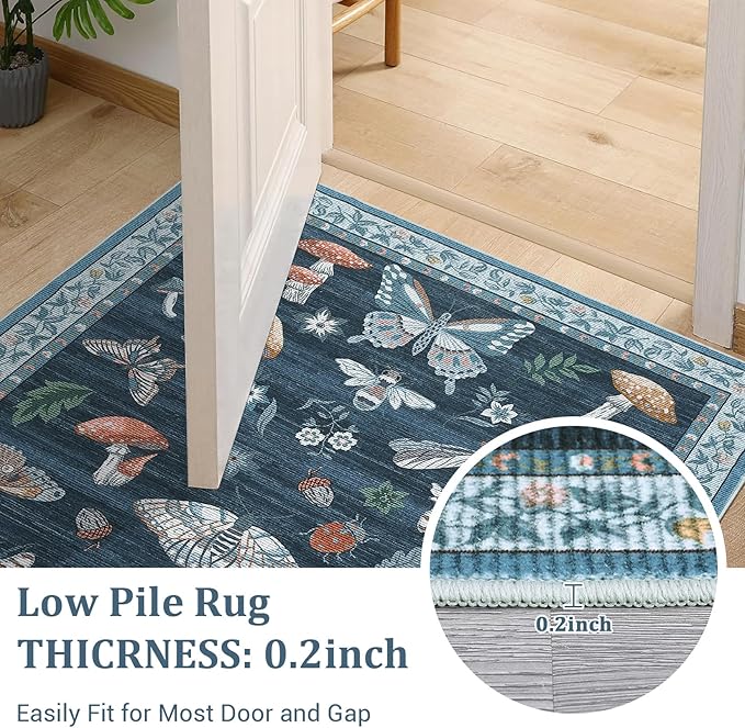 Mushroom Small Rug 2x3 Washable Door Mat Indoor Rugs for Entryway Non-Slip Soft Ultra-Thin Stain Resistant Foldable Rugs Kitchen Bedroom Living Room Blue