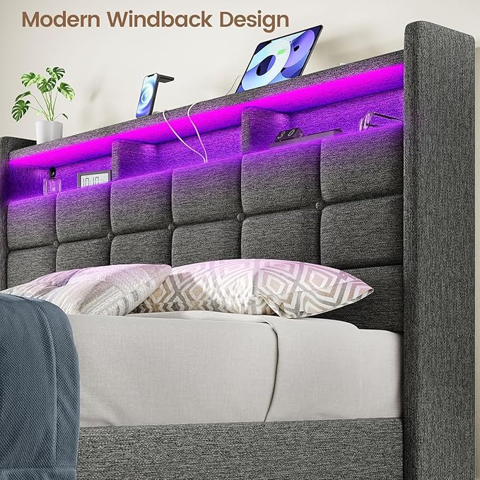 Lift Up Full Size Bed Frame with Storage, Upholstered Full Bed Frame with LED Lights Headboard and Charging Station, No Box Spring Needed, Easy Assembly - Dark Grey