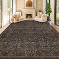 Washable Area Rugs 9x12 Living Room - Dark Brown Large Rug for Dining Room Under Table, Bedroom, Soft Low Pile Non-Slip Stain Resistant Carpet - Vintage Floral Plant Design
