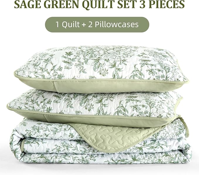 WONGS BEDDING Quilt King Size, Sage Green Quilt Bedding Set with 2 Pillowcases, Botanical Quilt for King Bed, Soft Microfiber Lightweight Coverlet Bedspread for All Season (110"×90", 3 Pieces)