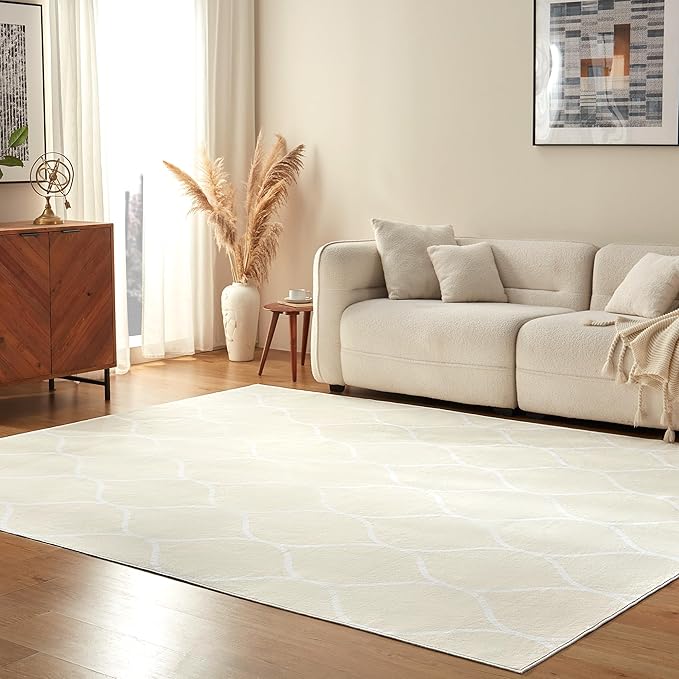Amazon Basics Thin Indoor Area Rug, Geometric Printed Washable Home Decor Carpet for Living Room Bedroom, 8' W × 10' L, Beige Geometric