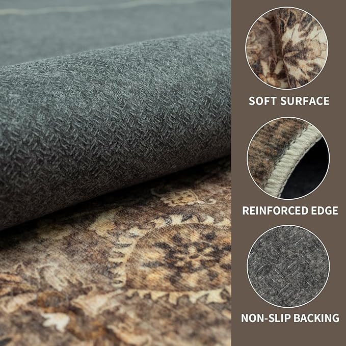 4x6 Vintage Washable Area Rug for Living Room,Low Pile Non Slip Carpet Non-Shedding Small Area Rug Soft Indoor Stain Resistant Rug Floral Print Mat for Bedroom Dining Room Brown Floral