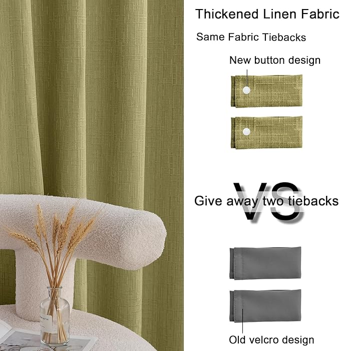 Jacquard Linen Curtains 96 inch Length 2 Panels Thick Faux Linen Blended Window Drapes Burlap Textured Curtains with Grommet for Living Room Bedroom Farmhouse (52x96 Olive Green) Natural