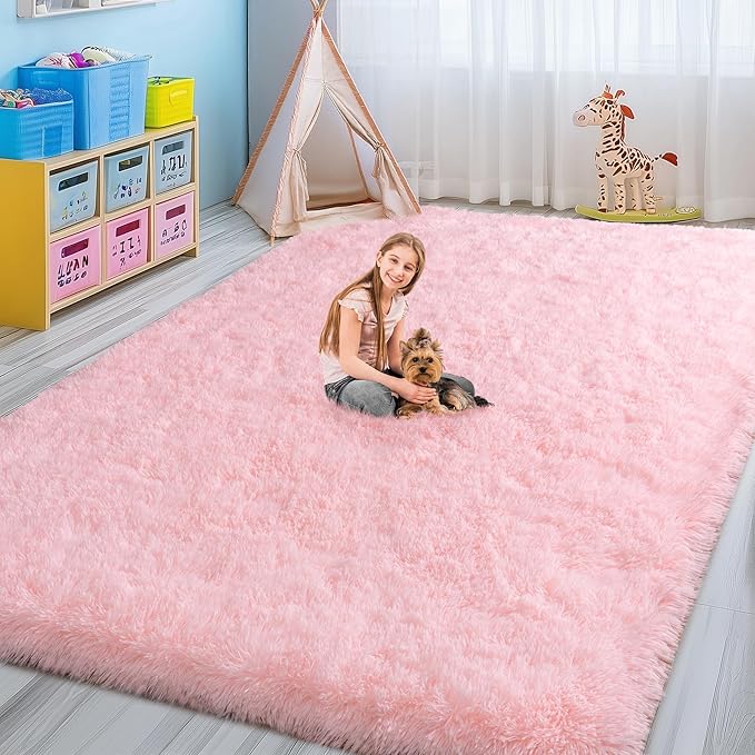 8x10 Area Rugs for Living Room, Large Pink Fluffy Rugs for Bedroom Girls Kids Room Dorm Home Decor, Soft Fuzzy Shaggy Shag Carpet Rug