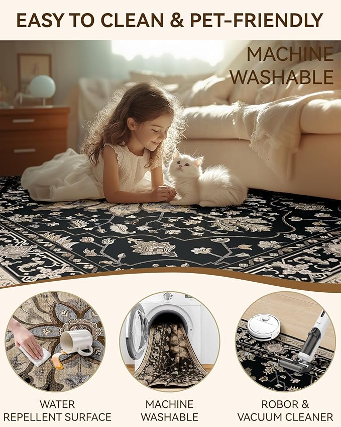 Area Rugs 5ft Washable Non-Slip, Floral Vintage Distress Print Pattern Medallion Carpet for Living Room Bedroom Dining Room, Black Brown Neutral Dark Tan