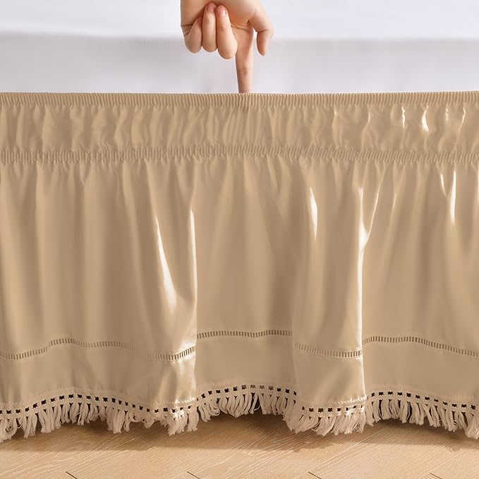 MIYE Wrap Around Ruffled Lace Bed Skirt, Elastic Dust Ruffle with Adjustable Belts, Easy to Put On, Bed Frame Cover, Machine Washable (Tassel Ruffle/Beige, King/Queen-15 Drop)