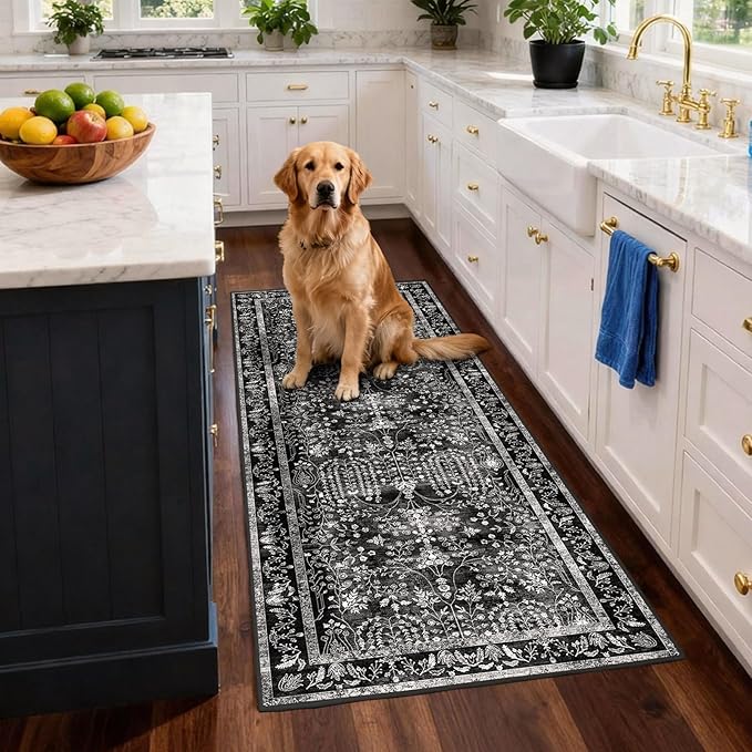 2x3 Washable Area Rug for Entryway：Soft Traditional Printed Area Rug Non-Slip Kitchen Rugs Low-Pile Medallion Indoor Door Mat Small Farmhouse Carpet for Entrance Foyer Bedside Black White 2x3