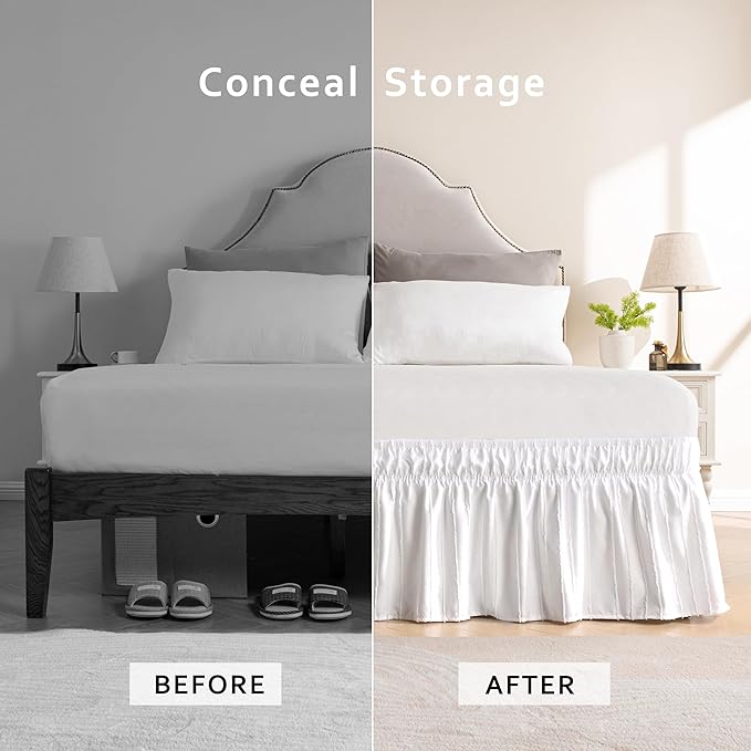 MIYE Striped Tufted Bed Skirt - Wrap Around Dust Ruffle with Elastic Belts - 12.5 Inch Drop Easy to Put On - Bedskirt Machine Washable ＆ Wrinkle Resistant(Striped/White, Full/Twin-12.5" Drop)