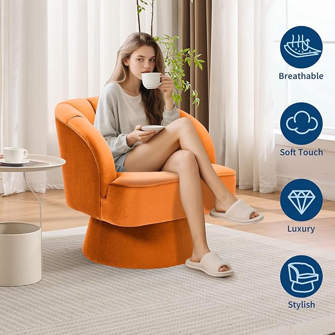 GarveeHome Modern Swivel Barrel Accent Chair, 360° Velvet Upholstered Armchair with Striped Backrest & Plush Padding, Comfy Round Lounge Chair (2, Orange + Velvet)
