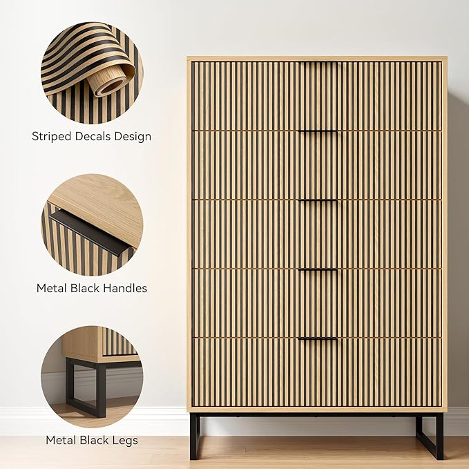 5 Drawers Dresser, 49.2’’ Tall Modern Chest of Drawers for Bedroom, Large Closet Dressers with Drawers, Wooden Drawer Dresser for Bedroom, Living Room, Hallway
