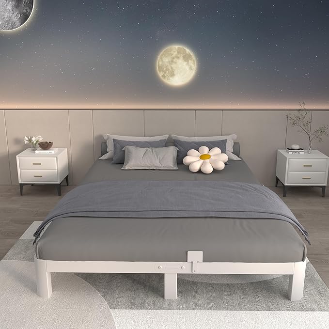 ITIMIDI 6 Inch White Queen Bed Frame with Metal Gaskets,Metal White Queen Platform Bed Frames, No Box Spring Needed, Heavy Duty Steel Support 3000 LBS, Anti-Slip Mattress Stopper, Easy Assembly