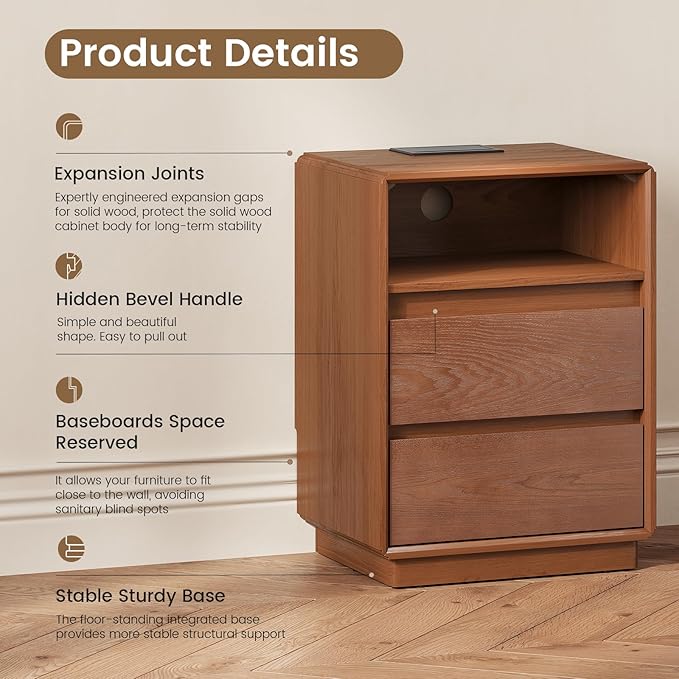 Solid Wood Nightstand Set of 2, Natural Wood Night Stand with Charging Station, Mid Century Modern Nightstand with 2 Drawers and Storage Shelf, Bedside Table for Bedroom, Office, Brown