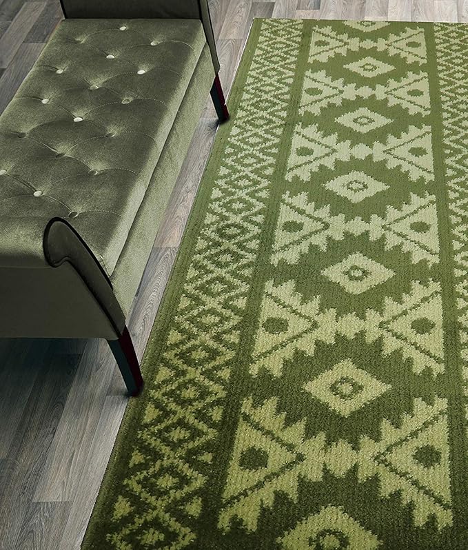 Custom Length Hallway Runner Rug,Slip Resistant,Southwestern Green, 26 Inch X 9 feet, Sold and Priced Per Foot
