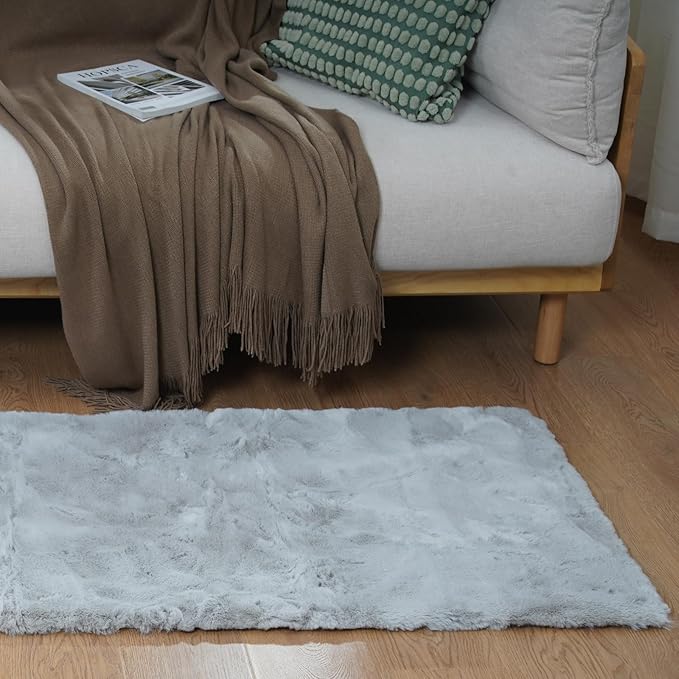 Latepis Fluffy Machine Washable Rug Grey Area Rugs 3X5 Soft Faux Rabbit Fur Rug for Living Room Furry Shag Rugs Fluffy Carpet for Bedroom Plush Nursery